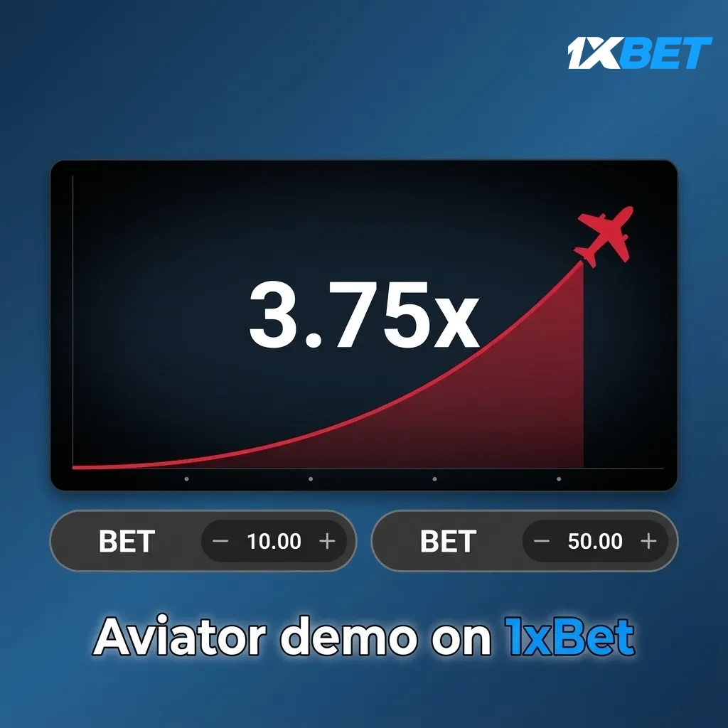 1xBet Aviator demo interface showing rising multiplier, plane graphic, cash-out button, and virtual balance.