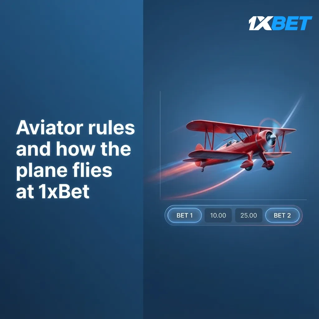 1xBet Aviator screen: red plane climbs as multiplier rises from 1.00x; cash out manually or auto before it flies away.