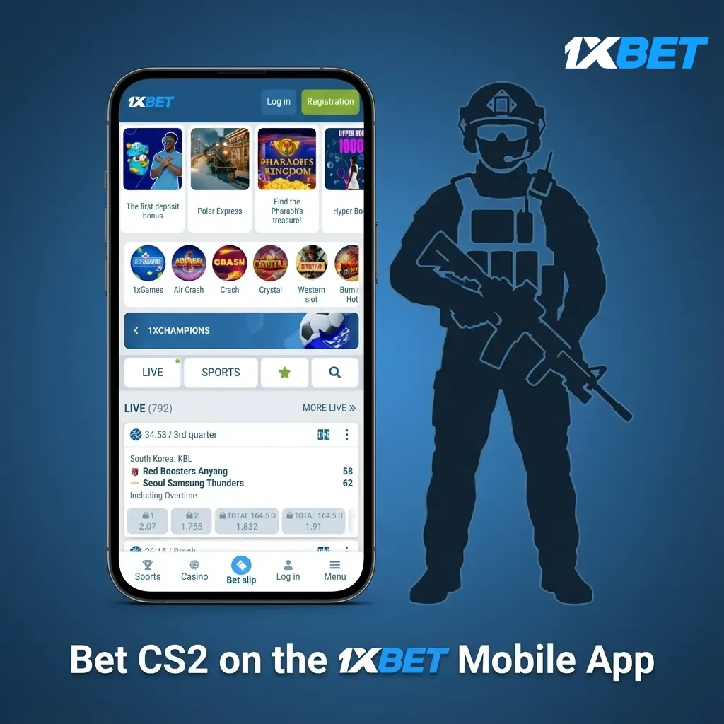 1xBet mobile app showing CS2 live betting markets, with Android/iOS download and steps to bet anywhere in India.