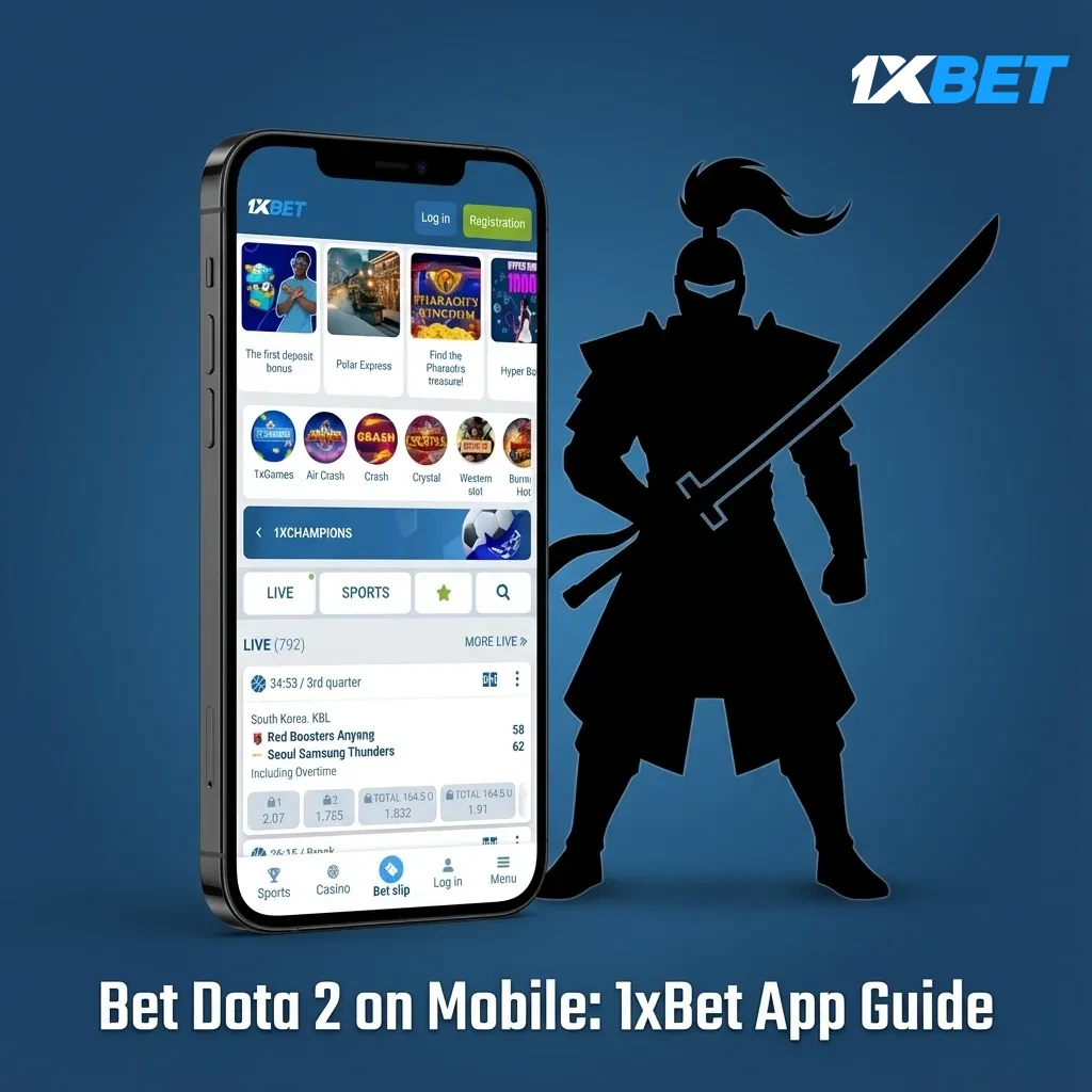Smartphone showing 1xBet app: Dota 2 betting screen with live odds, stake input, and cash-out on mobile.