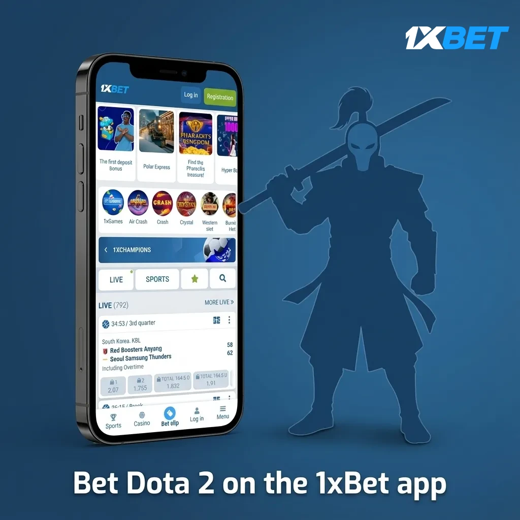 Phone displaying 1xBet app with Dota 2 live odds, bet slip, cash out option, and push alert icons.