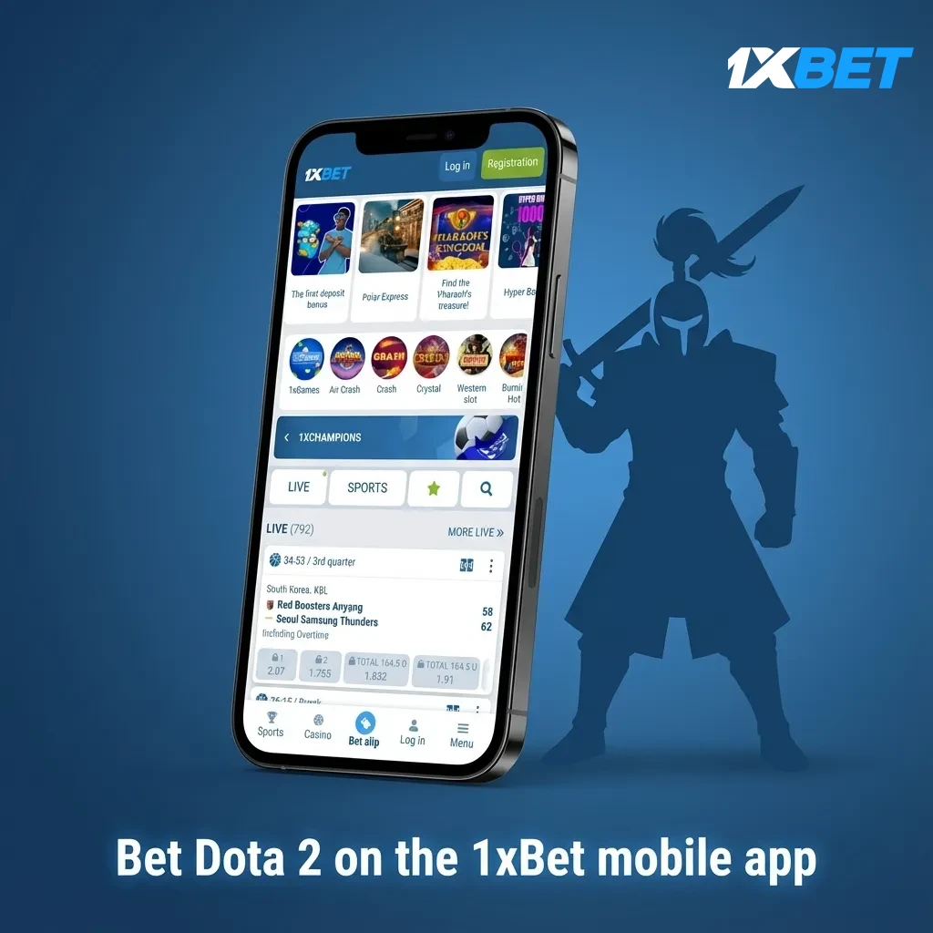 Smartphone displaying 1xBet app with Dota 2 live betting, NGN currency, and deposit options.