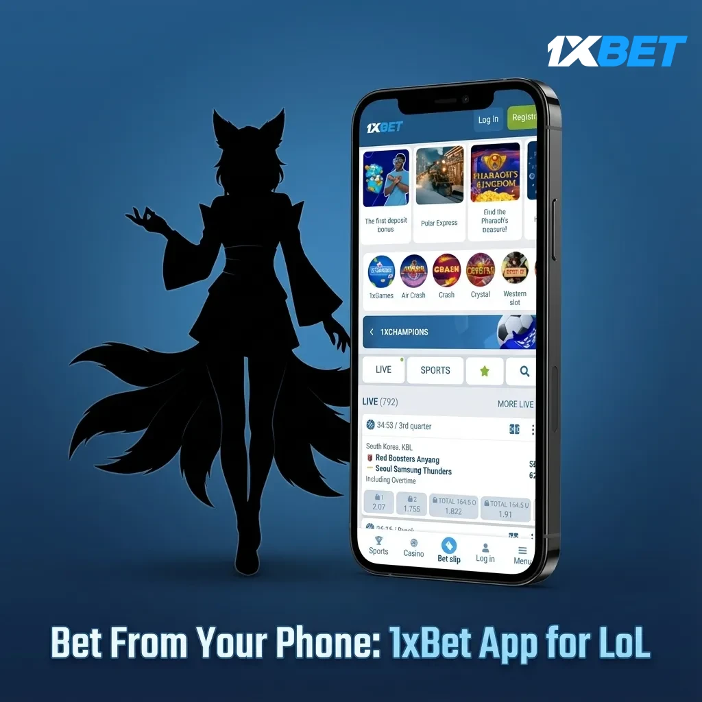 Phone displaying 1xBet LoL betting app in Pakistan: live odds, match tracker, PKR balance, leagues like LCK and LPL.