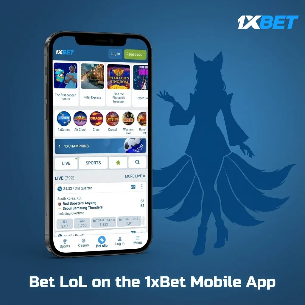 1xBet mobile app showing League of Legends markets and live odds, NGN wallet, bet options on a smartphone in Nigeria.