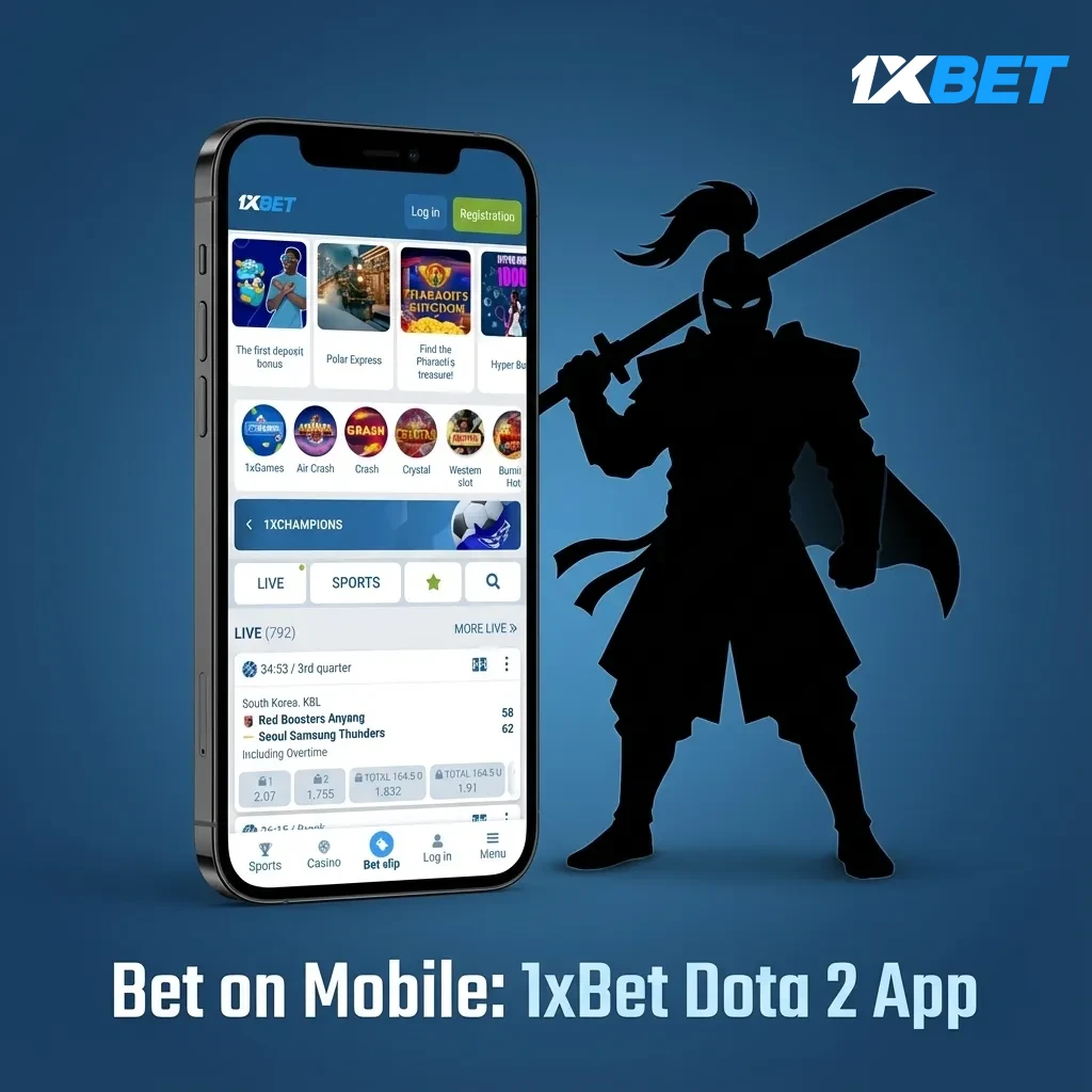 Smartphone showing 1xBet app with Dota 2 live odds, betslip, real-time stats, and BDT balance.