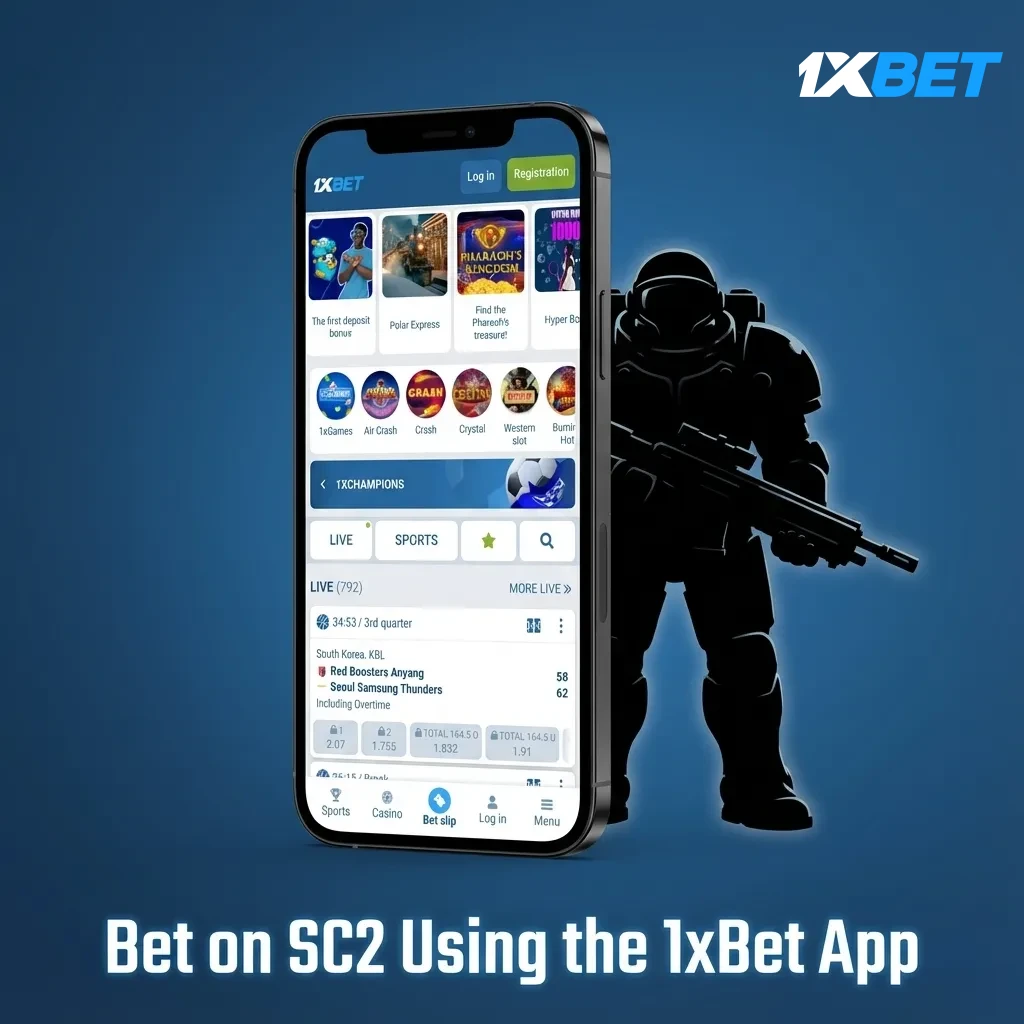Smartphone displaying 1xBet app with StarCraft II esports odds, live betting, and cash out options for Android and iOS.