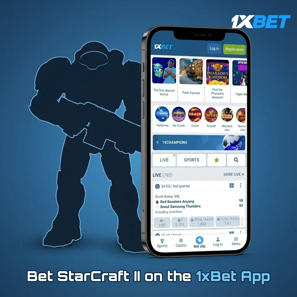 1xBet app on a smartphone showing StarCraft II esports betting with live odds, fast markets, cash out on Android and iOS