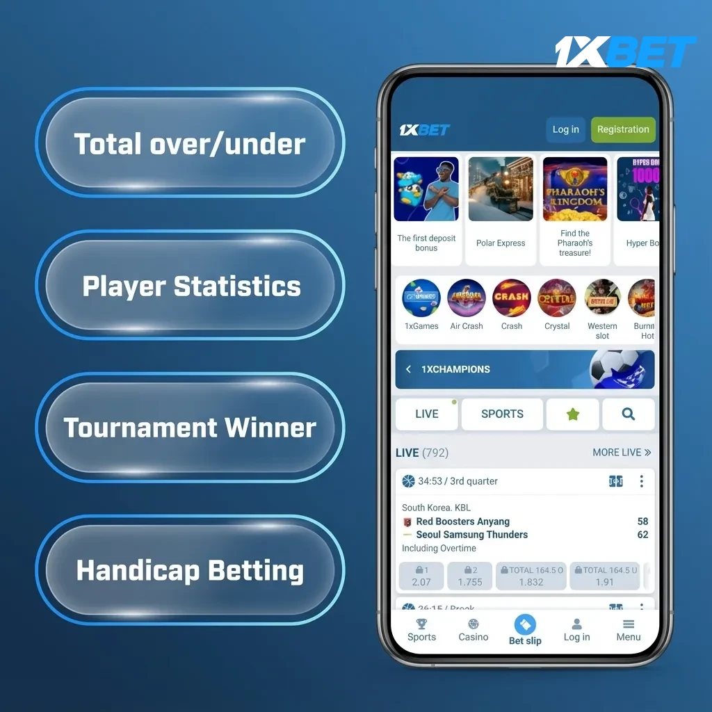 iOS app screen listing 1xBet bet types: Single, Accumulator, System, Handicap, Over/Under, with brief descriptions.