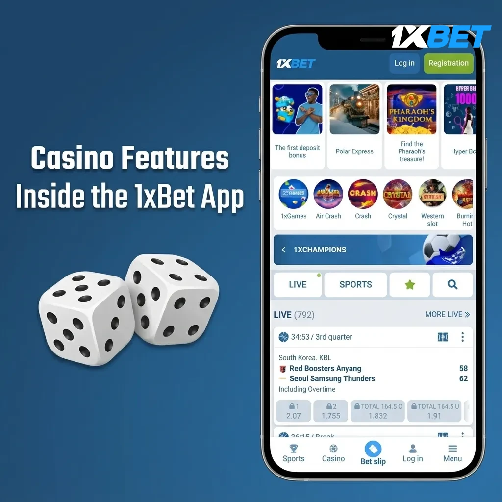 1xBet app home with live tables and slots, one-tap switch to casino, titles from Pragmatic Play and Evolution, plus promos.