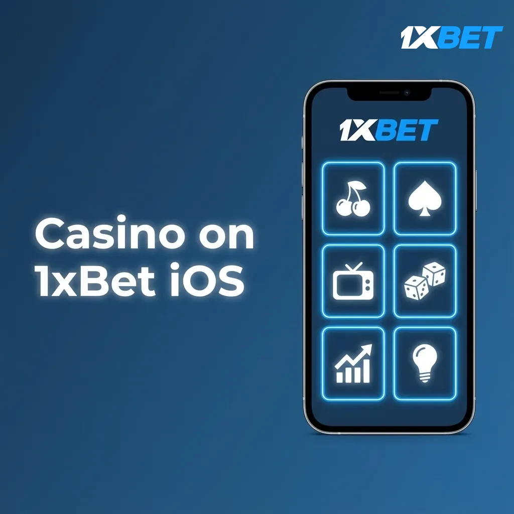 1xBet iOS Casino screen with slots and live tables: Book of Dead, Sweet Bonanza, roulette, blackjack; demo mode available.