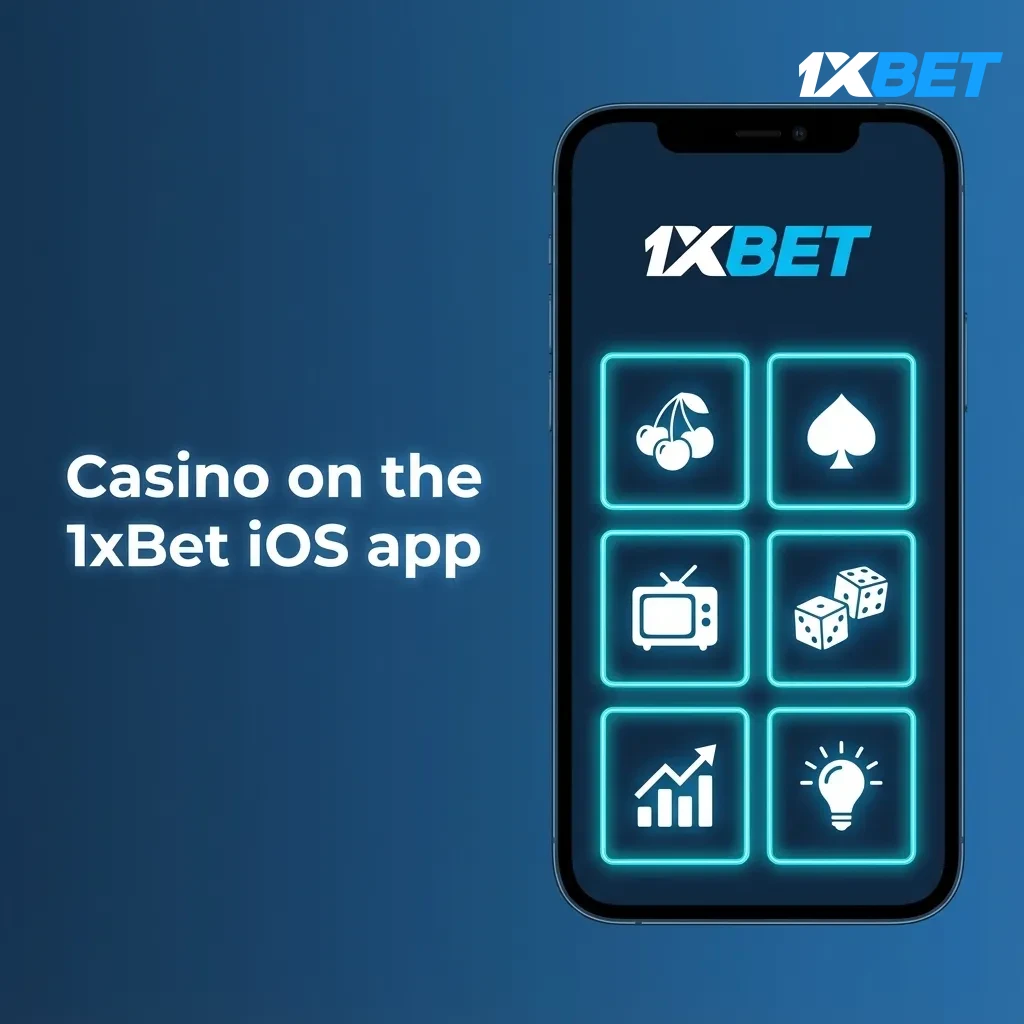 1xBet iOS casino with slots, live tables, jackpots, crash games, bottom menu to switch Sports/Casino; payouts/rules shown.