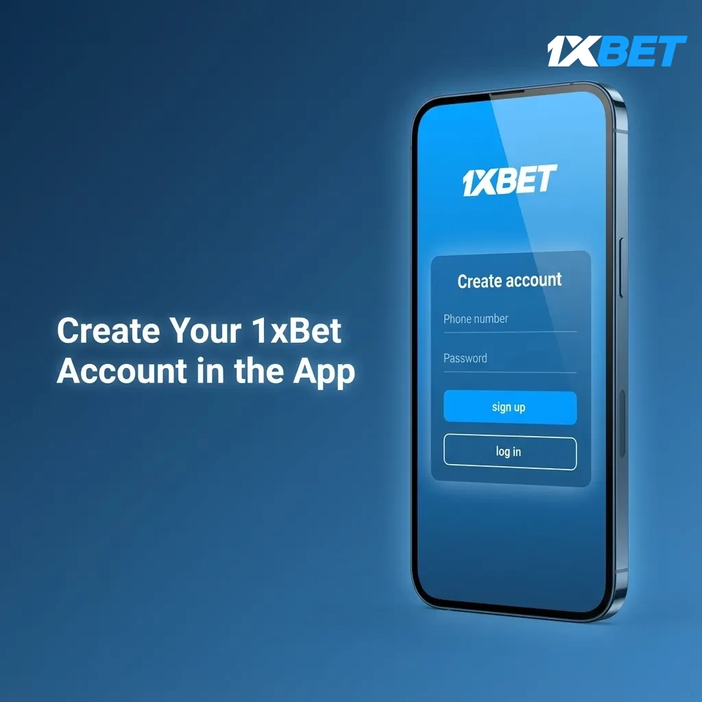 1xBet app sign-up screen with options: Phone, Email, One-click; fields for password, BDT, promo code, and SMS/email verify