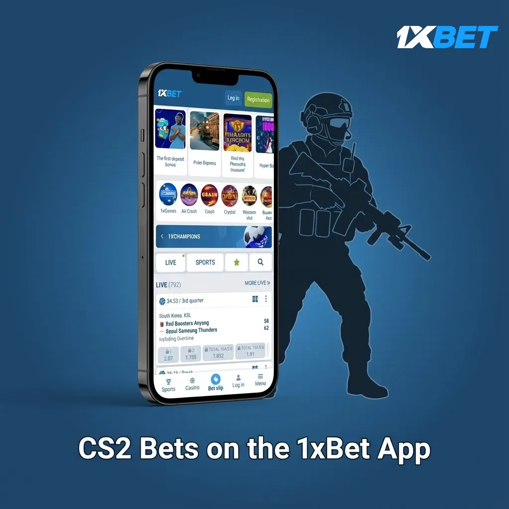 Phone screen showing 1xBet app with CS2 esports markets, live odds, cash-out and bet slip options.