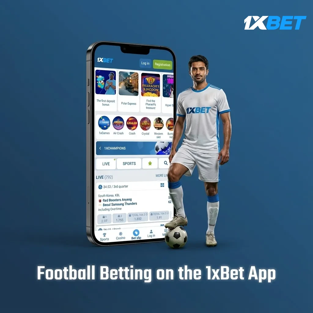 1xBet app on phone showing football odds, live match markets, bet slip and cash out options on Android and iOS.