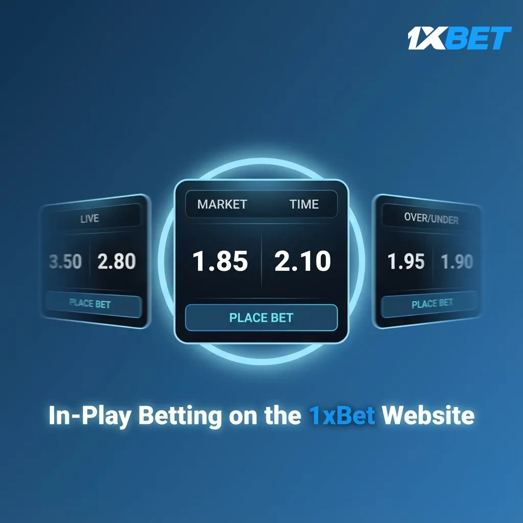 1xBet in-play betting screen with live odds, sports list, Cash Out option, live stats and stream icons updating by play phase