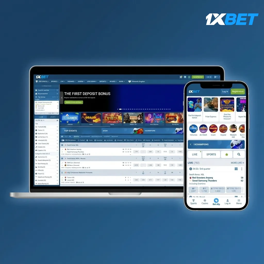 1xBet site: top bar with Sports, Live, Casino; search, bet slip; filters; left menu for leagues and markets; quick bets.