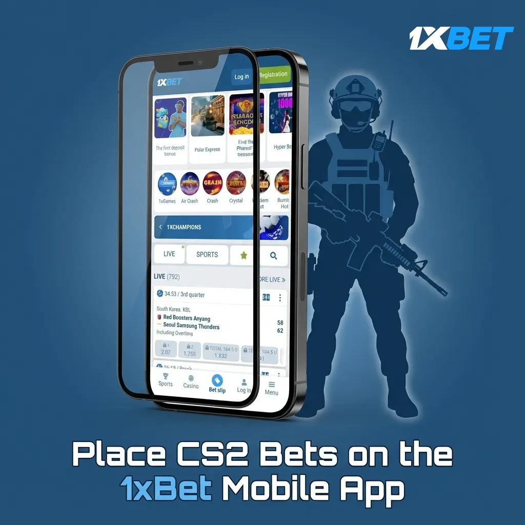 Close-up of the 1xBet mobile app showing CS2 match markets, live odds, and a cash out button on a smartphone screen.