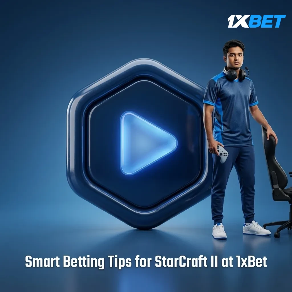 Infographic: StarCraft II betting tips at 1xBet - bankroll 1-3%, map/form checks, live bets, patches, avoid chasing losses.