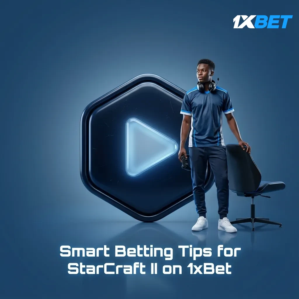 Infographic on StarCraft II betting tips for 1xBet: bankroll rules, form, matchups, map pool, series length, live reads.