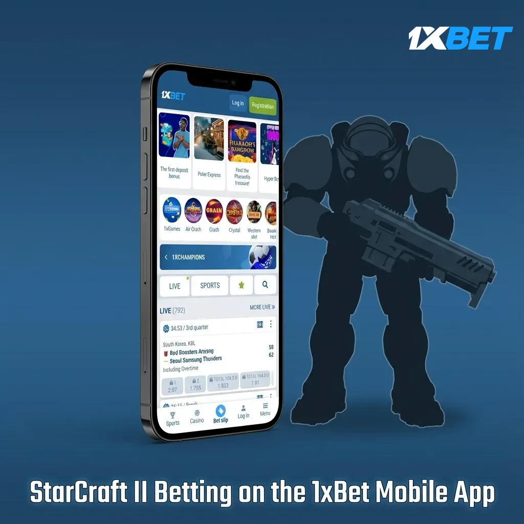 Screenshot of 1xBet mobile app showing StarCraft II betting markets, live odds and cash out on Android or iOS in Pakistan.