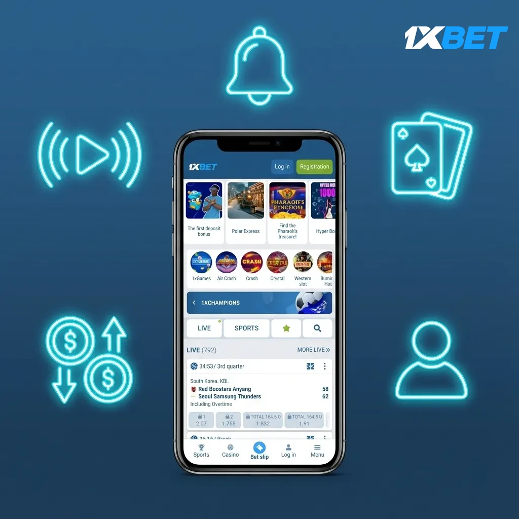 Graphic listing 1xBet iOS perks: NGN accounts, local payments, 300% bonus, live betting, cash out, casino, 24/7 support.