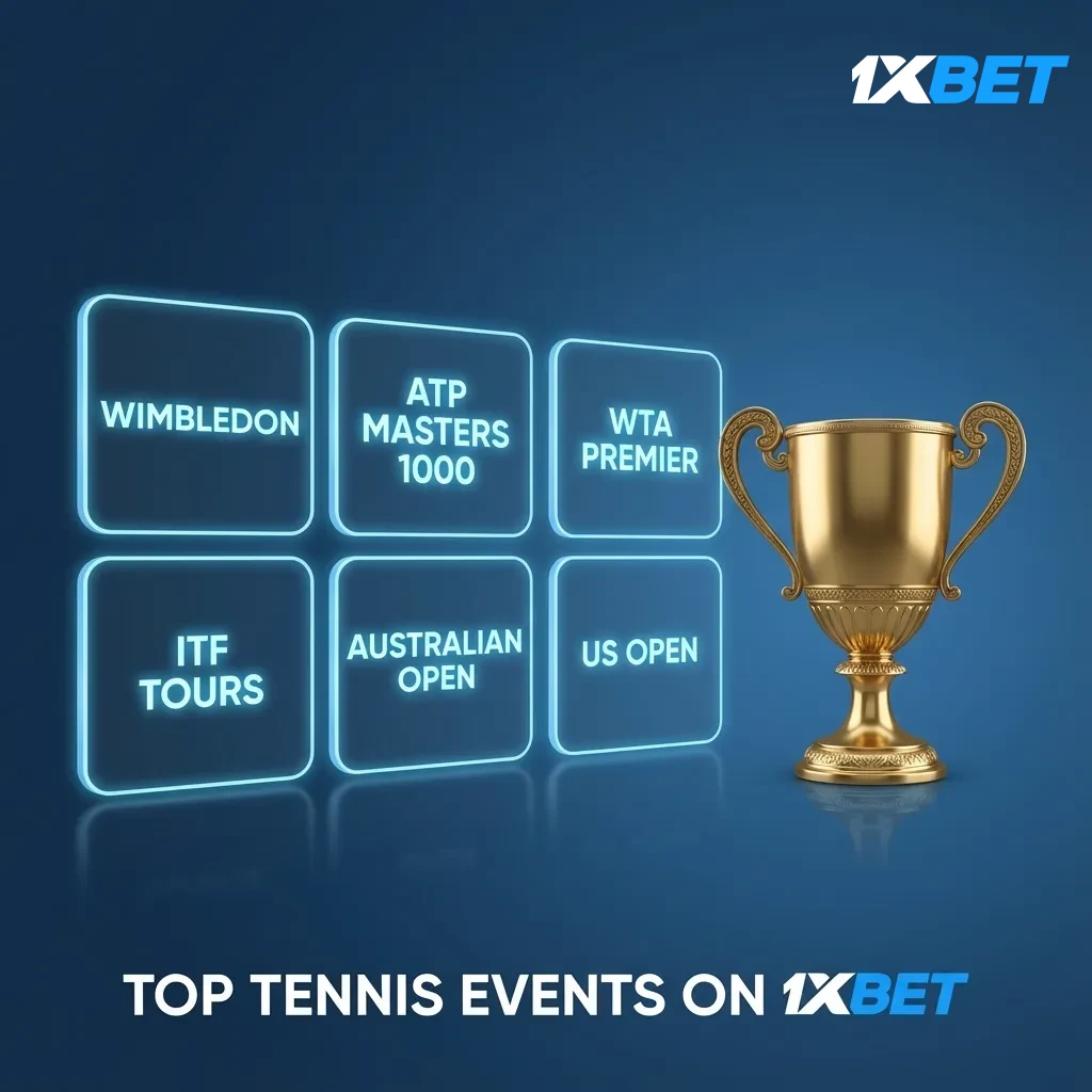 1xBet top tennis events: Australian Open, Roland Garros, Wimbledon, US Open, ATP/WTA 1000, Davis Cup.