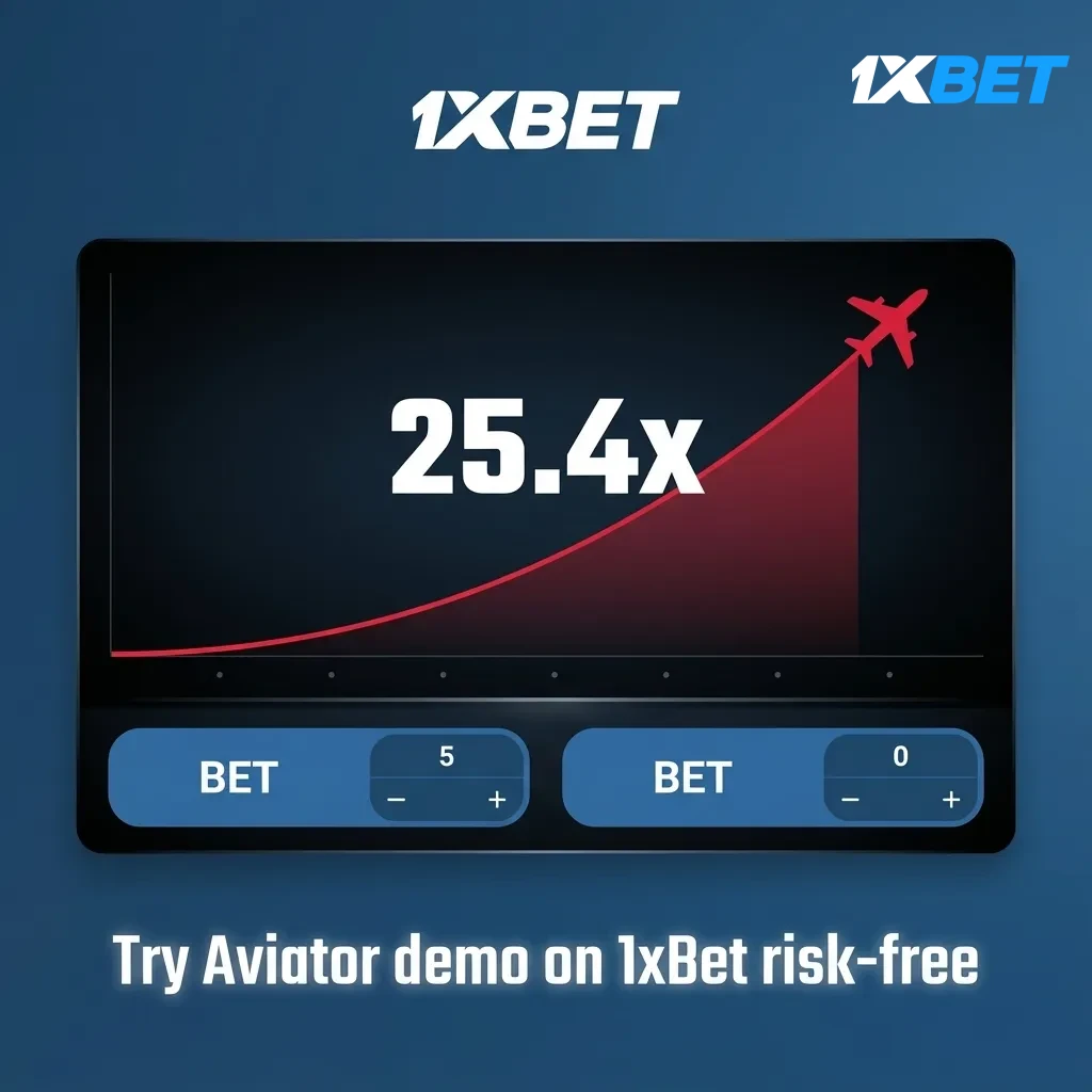 1xBet Aviator demo banner: practice with virtual credits; test timing, cash-outs, and two-bet play risk-free
