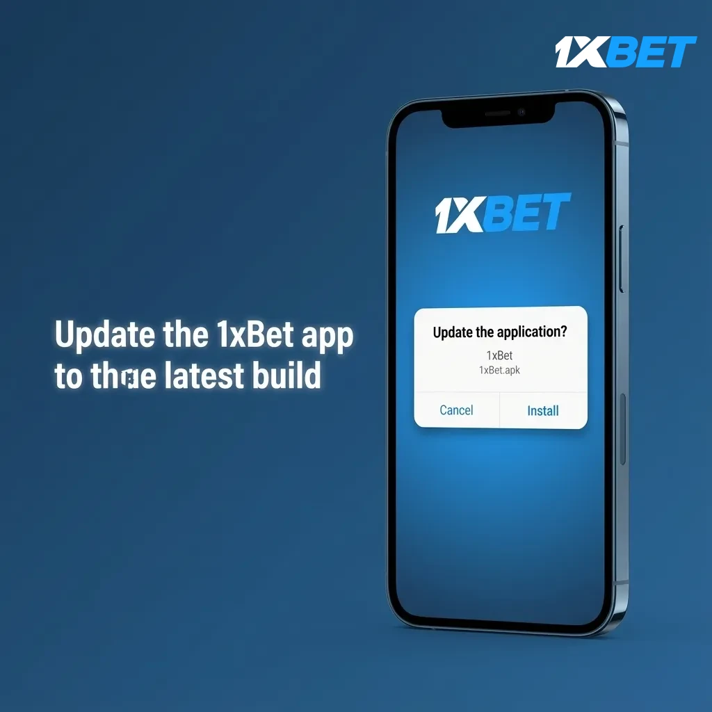 Guide showing how to update the 1xBet app: menu > Update, Android APK install, iOS PWA refresh, check storage and internet.