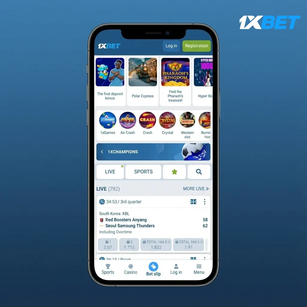 Mobile 1xBet app showing quick picks, clear odds, tabs for Sports/Live/Casino/Promotions, search, filters, and bet slip.