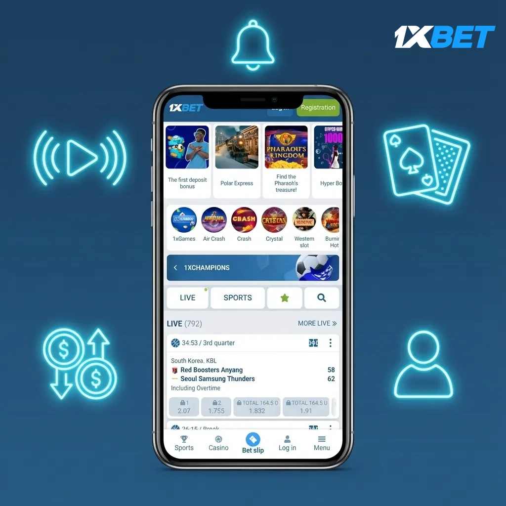 1xBet iOS app for Bangladesh: quick betting with BDT, bKash/Nagad, live betting, streaming, casino, Face ID login.