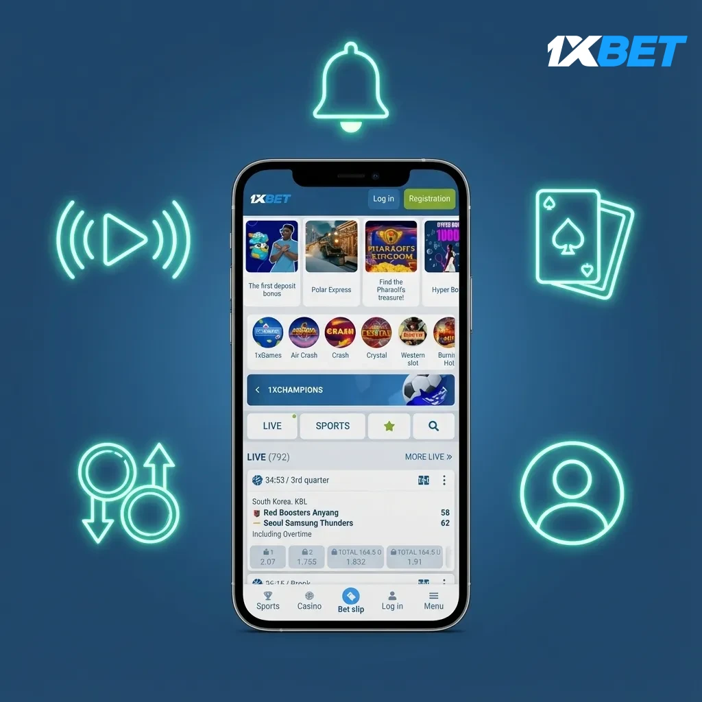 Phone with 1xBet Nigeria app: NGN account, Opay/Paystack, 300% bonus to ₦600k, in-play, cash out, casino, low data mode.