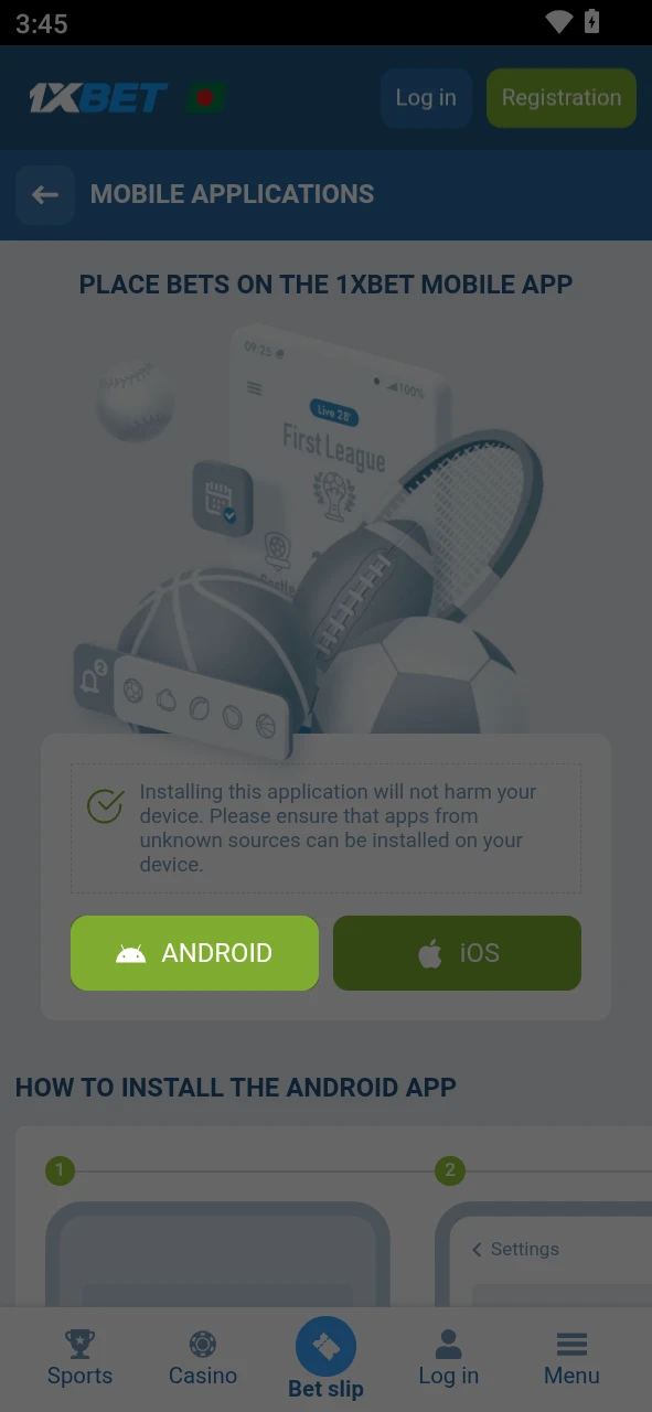 Use the official link to find the Android APK button and join 1xBet.