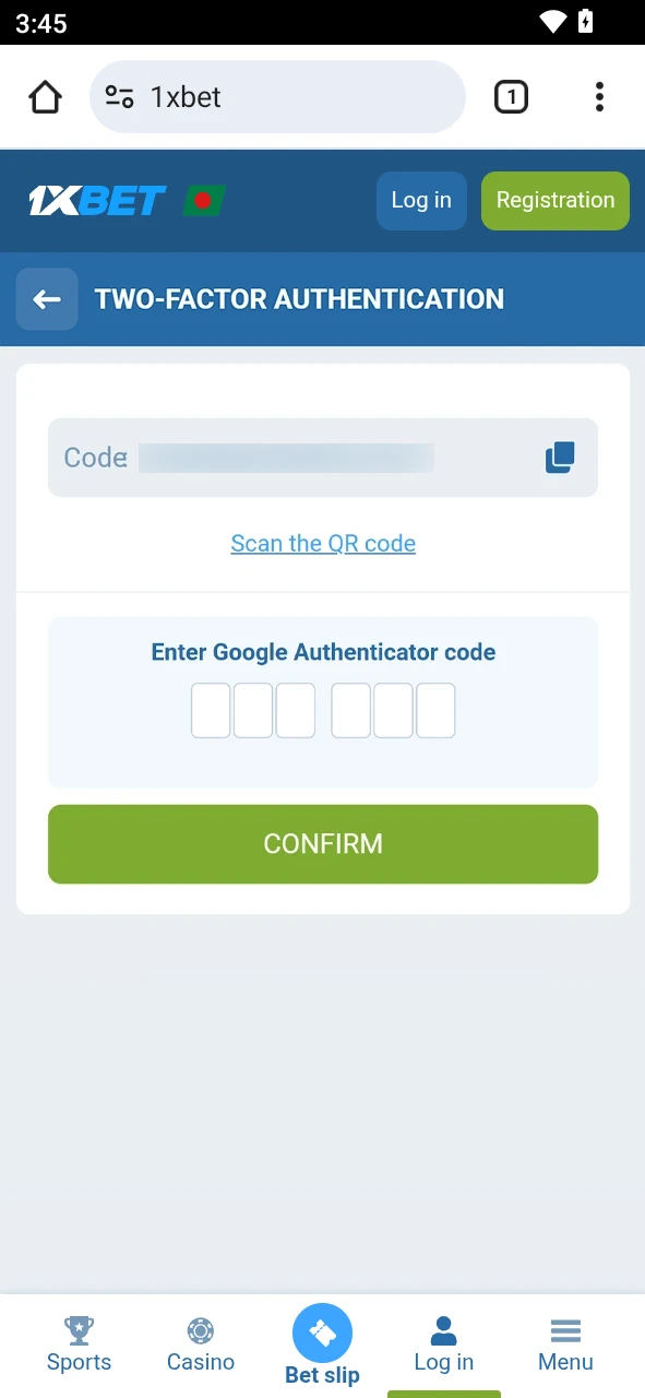 Enter the 2FA code in the 1xBet android interface to verify your identity.