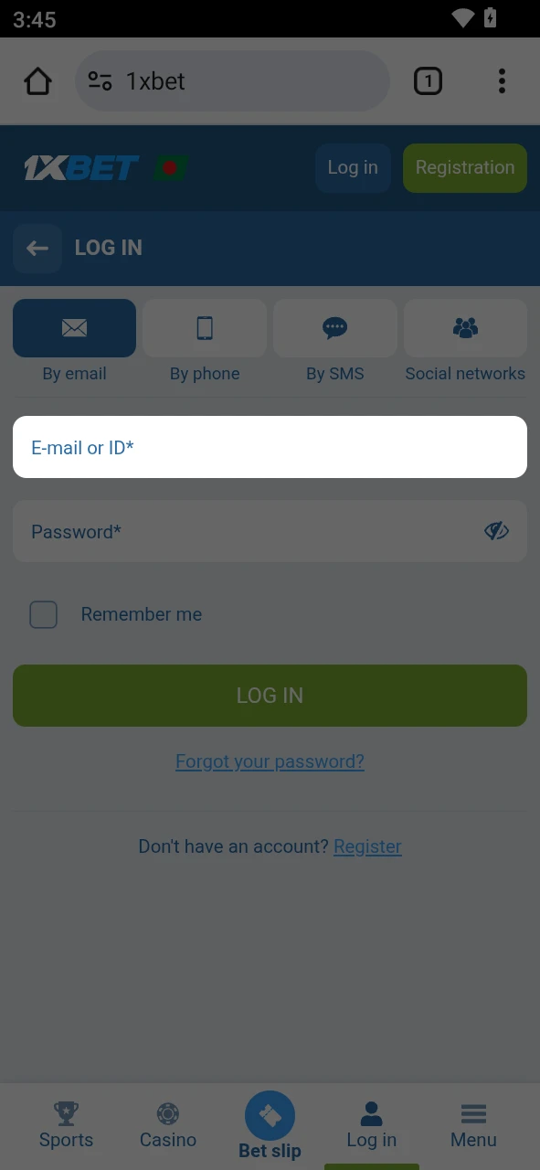 Open the 1xBet android app and tap the login button to enter your ID.