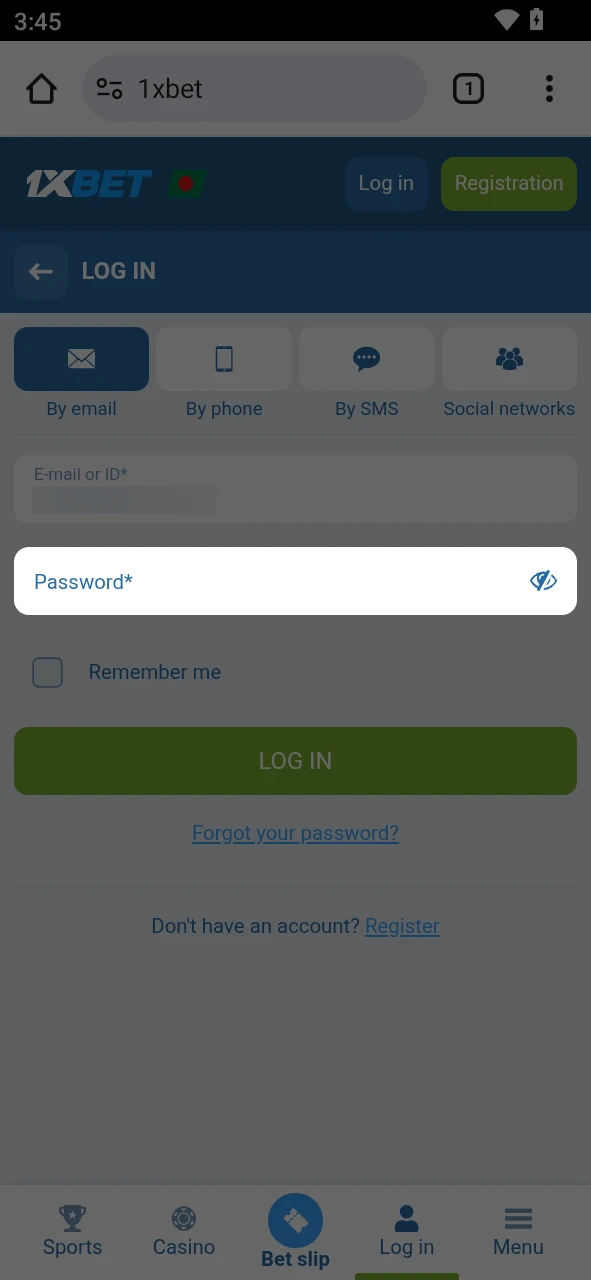Type your 1xBet android password carefully to ensure a secure login.