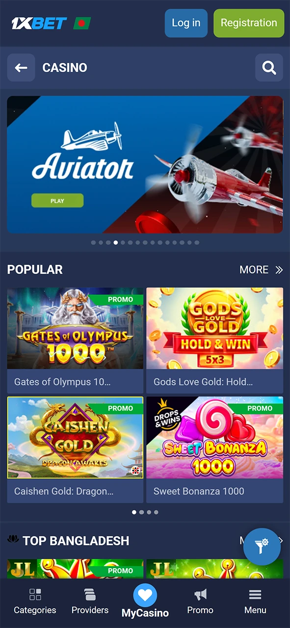 Play popular casino games and slots via the 1xBet android interface.