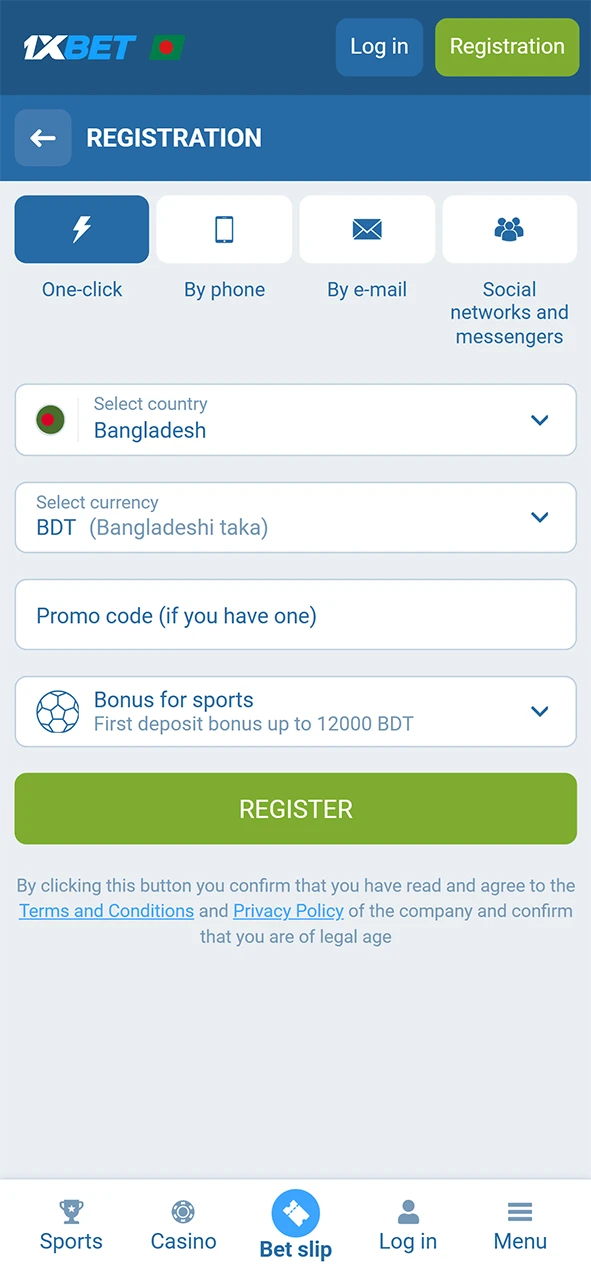 Complete the registration form within the 1xBet android application to join.