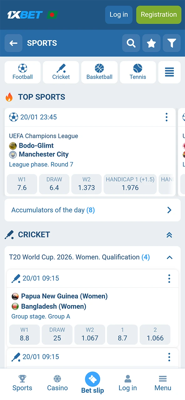 Explore diverse sports betting markets available on the 1xBet android software.