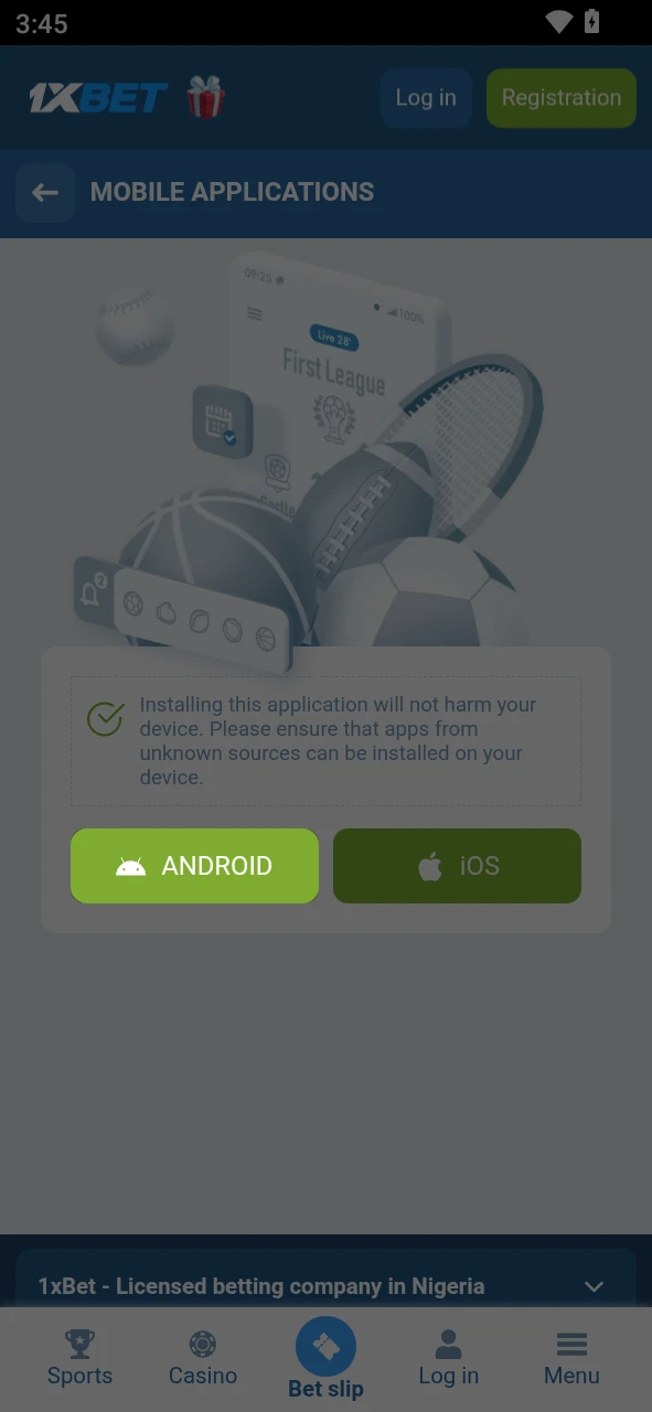 Navigate to the 1xBet Android page and click the official app button.