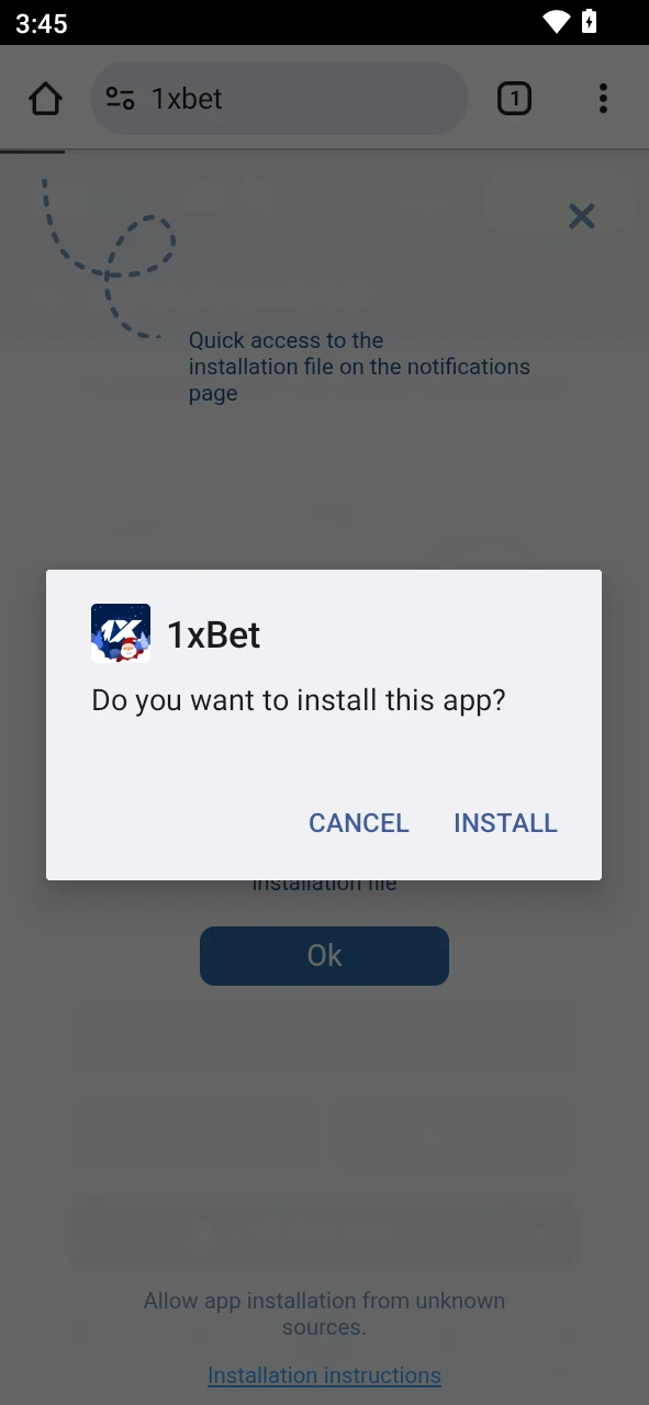 Complete the installation of the 1xBet Android app to start betting.