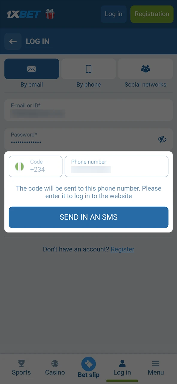 Complete the 1xBet Android login process by providing the required security code.