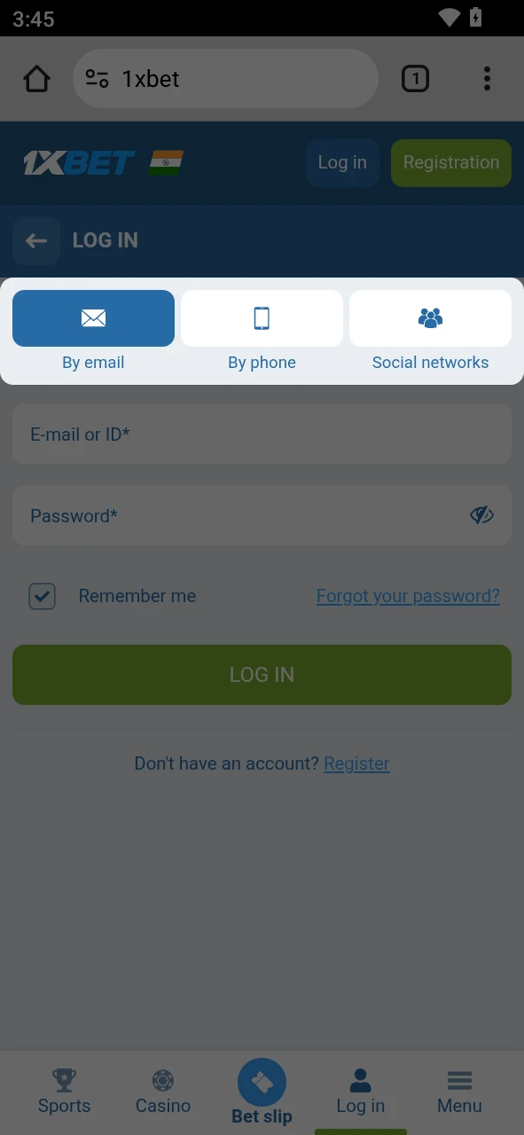 Choose your preferred login method within the 1xBet Android interface.