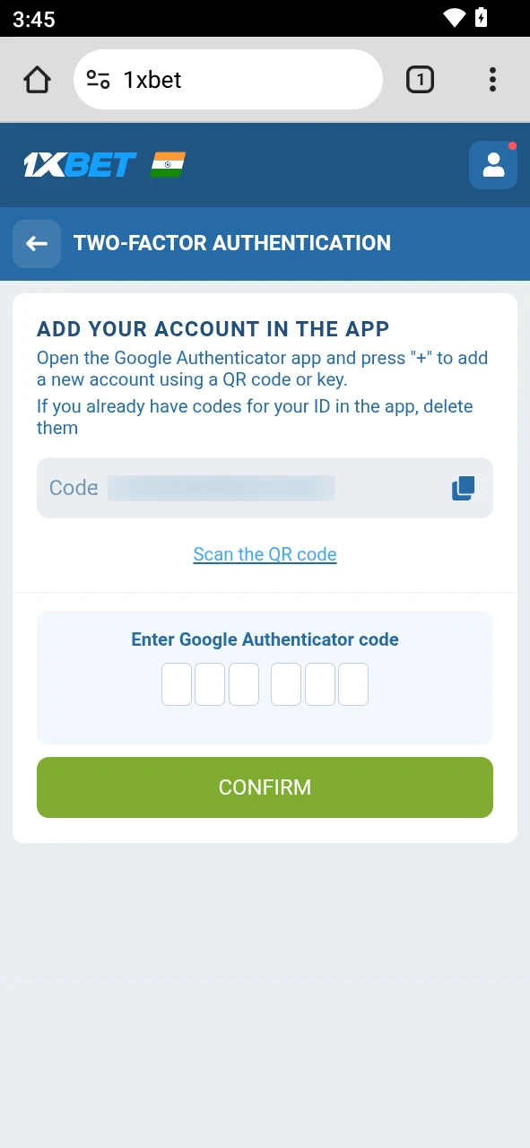 Complete the OTP or 2FA verification to protect your 1xBet Android account.