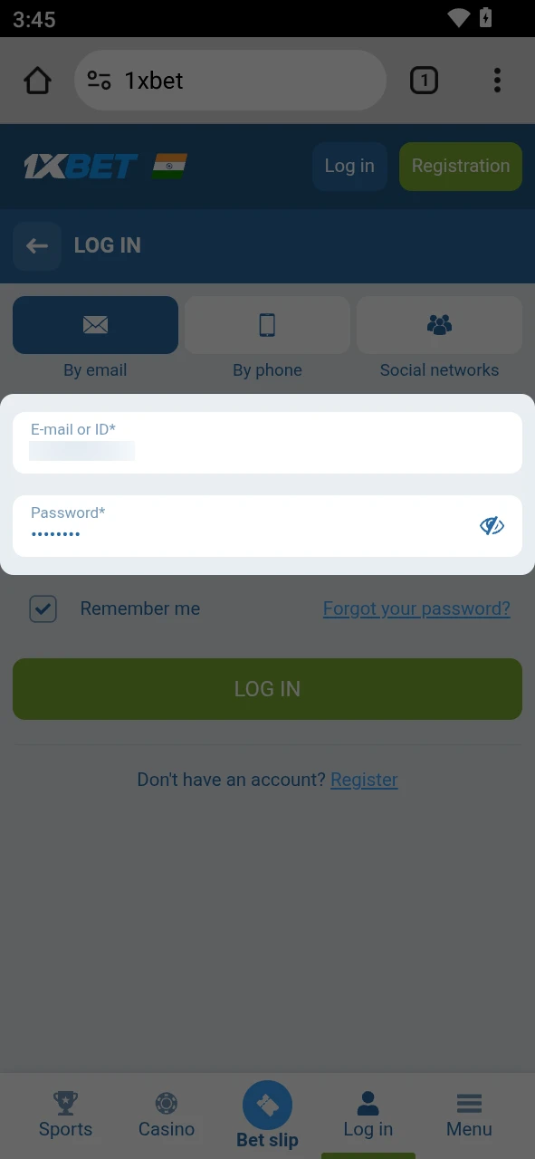 Enter your secure password to login to the 1xBet Android application.
