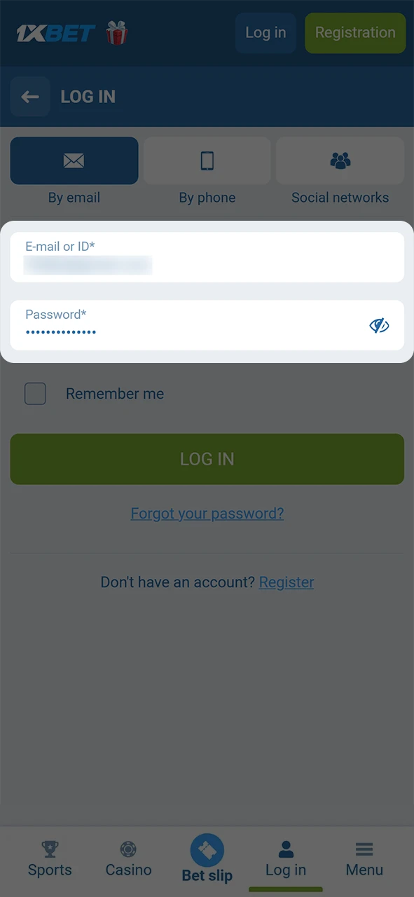 Enter your 1xBet Android credentials and verify your password for secure access.