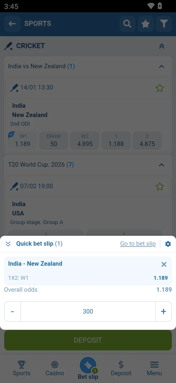Check your 1xBet Android bet slip and enter the stake amount.