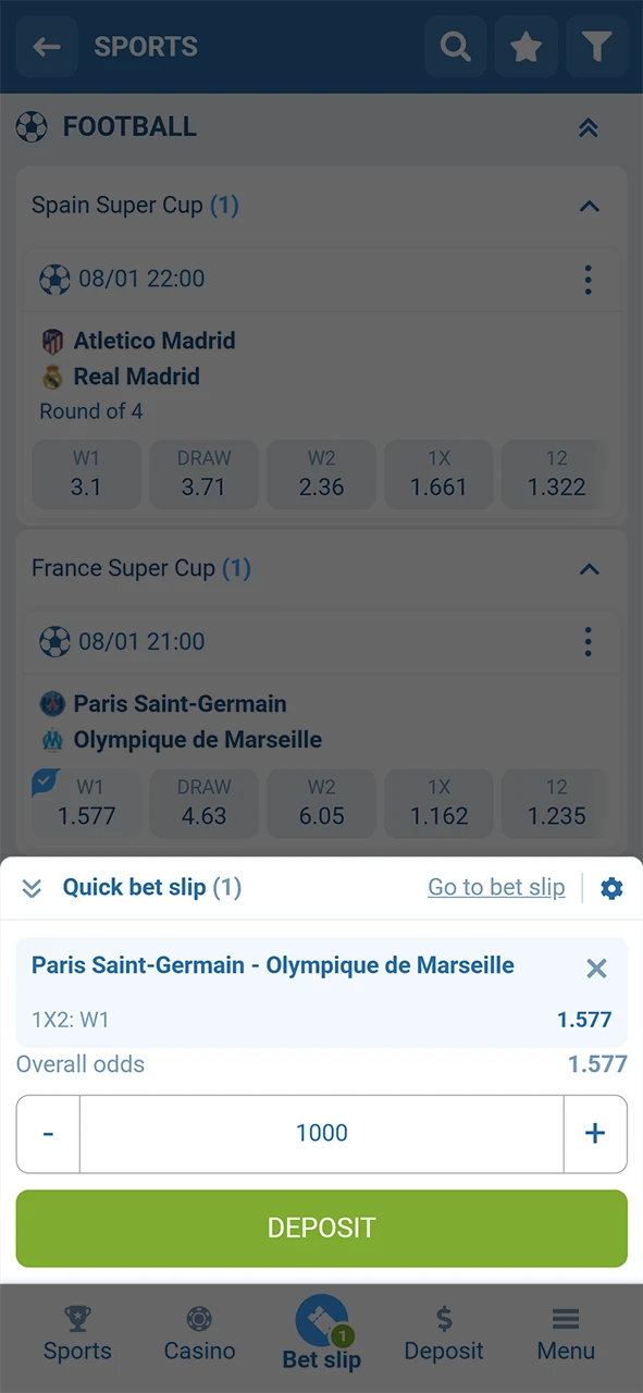 Specify your wager amount for the 1xBet Android bet and check returns.