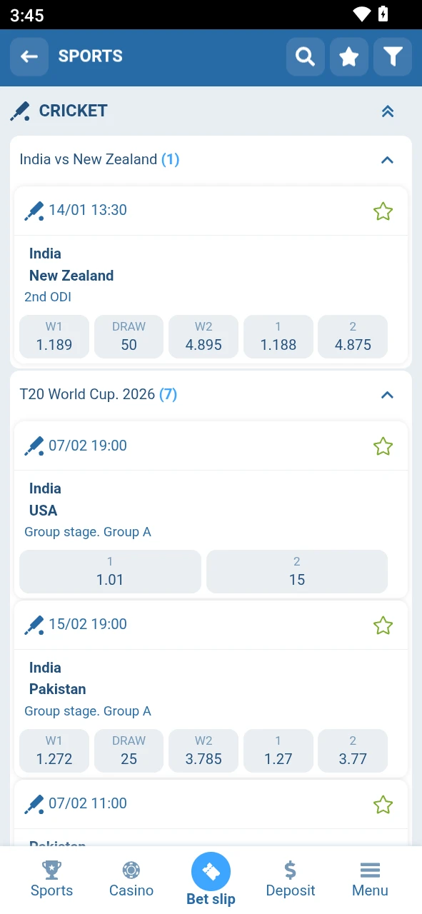 Choose a sport and outcome in the 1xBet Android app to begin.