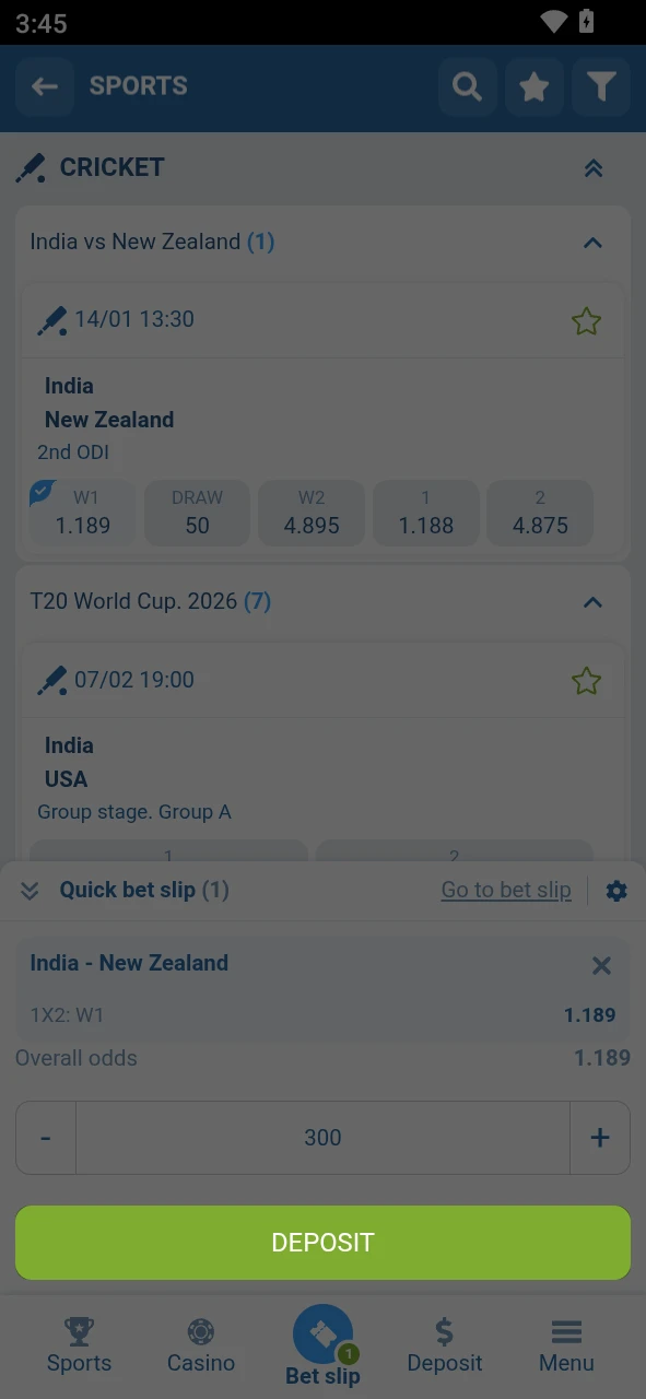 Press the button to place your bet in the 1xBet Android software.