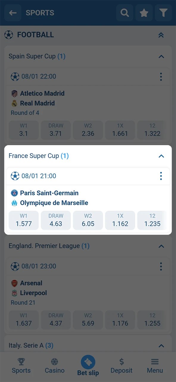 Select the market odds to add a choice to your Android bet slip.